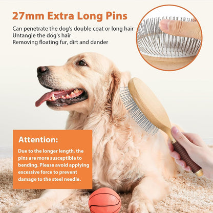 Dog Brush for Long Haired Dogs, 27Mm Extra Long Pin Brush for Grooming, Shedding - Beech Wood Material, Non-Slip Rubber Handle, Round-Tipped Pins2