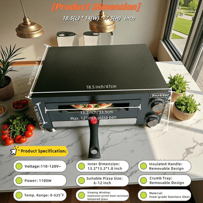 Electric Pizza Oven Indoor,12 Inch Countertop Pizza Maker with Viewing Window,Stainless Steel Commercial Pizza Oven, Removable Handle,Dual Baking Trays and Oven Mitts9