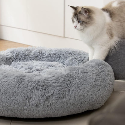 Anti Anxiety round Fluffy Plush Faux Fur Warm Washable Dog Bed & Cat Bed, Original Bed for Small Medium Large Pets,Used to Relieve Joints and Improve Sleep（20"/24"/27''） (24", Light Grey)2