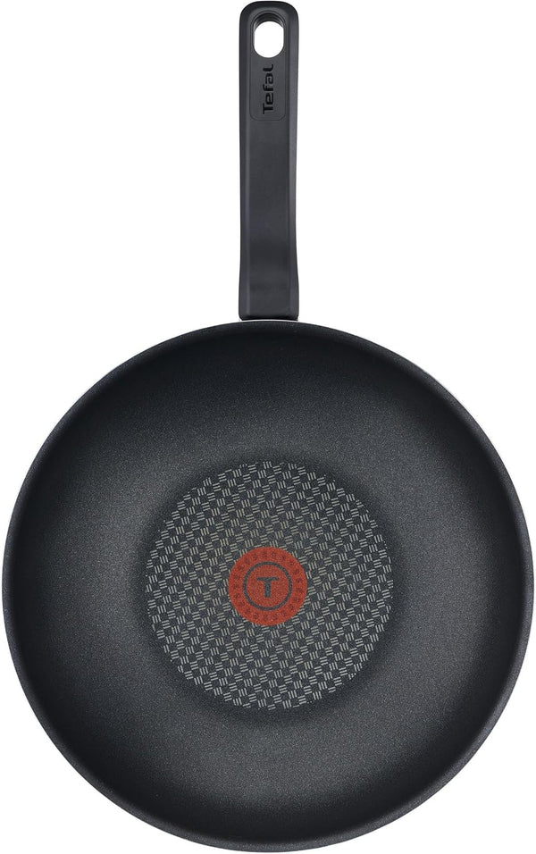 Tefal D52619 Resist Wok Pan | Safe Titanium Non-Stick Coating | Thermal Signal Temperature Indicator | Not Suitable for Induction Cookers | Easy Cleaning | Flame Protect Technology | Black | 28 Cm /7