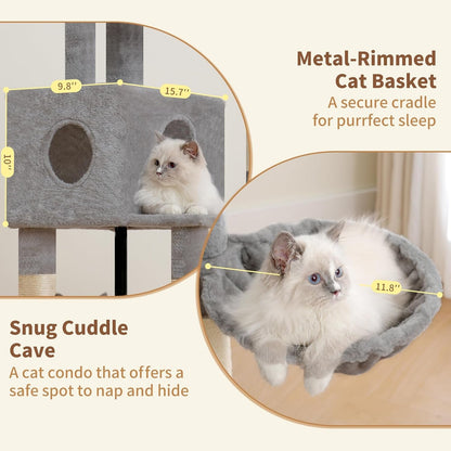 Heybly Cat Tree, 45.3-Inch Cat Tower for Indoor Cats with Large Perch, All-In-One Cat Furniture with Cozy Bed, Hidden Space Cat Condo, Comfy Hammock, Scratching Posts & 3 Pompoms, Light Gray HCT202SW6