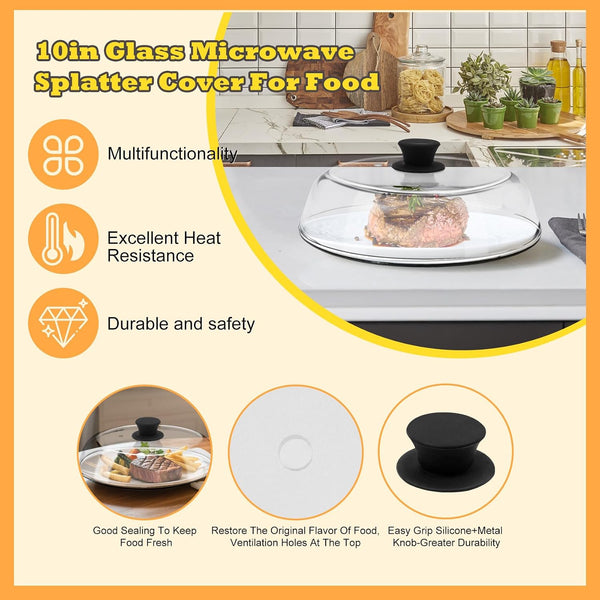 10In Glass Microwave Cover for Food,Glass Microwave Cover,Food Grade | 10In Glass Microwave Cover for Food, Microwave Plate Lid with Vent Holes & Easy-Grip Handle5