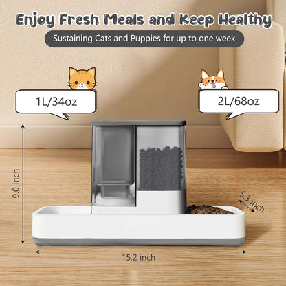 Gearroot Automatic Cat Feeder and Water Dispenser, 2 in 1 Gravity Pet Food Feeder and Water Dispenser Detachable Cat Food Dispenser for Small Dogs and Cats, Gray2