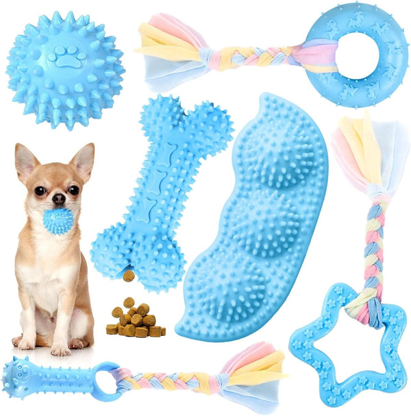 Petcare 6 Pack Puppy Chew Toys - Blue, Soft Rubber Rope & Bone Ball Teething Toys for Small Dogs & Puppies, Including Yorkie1