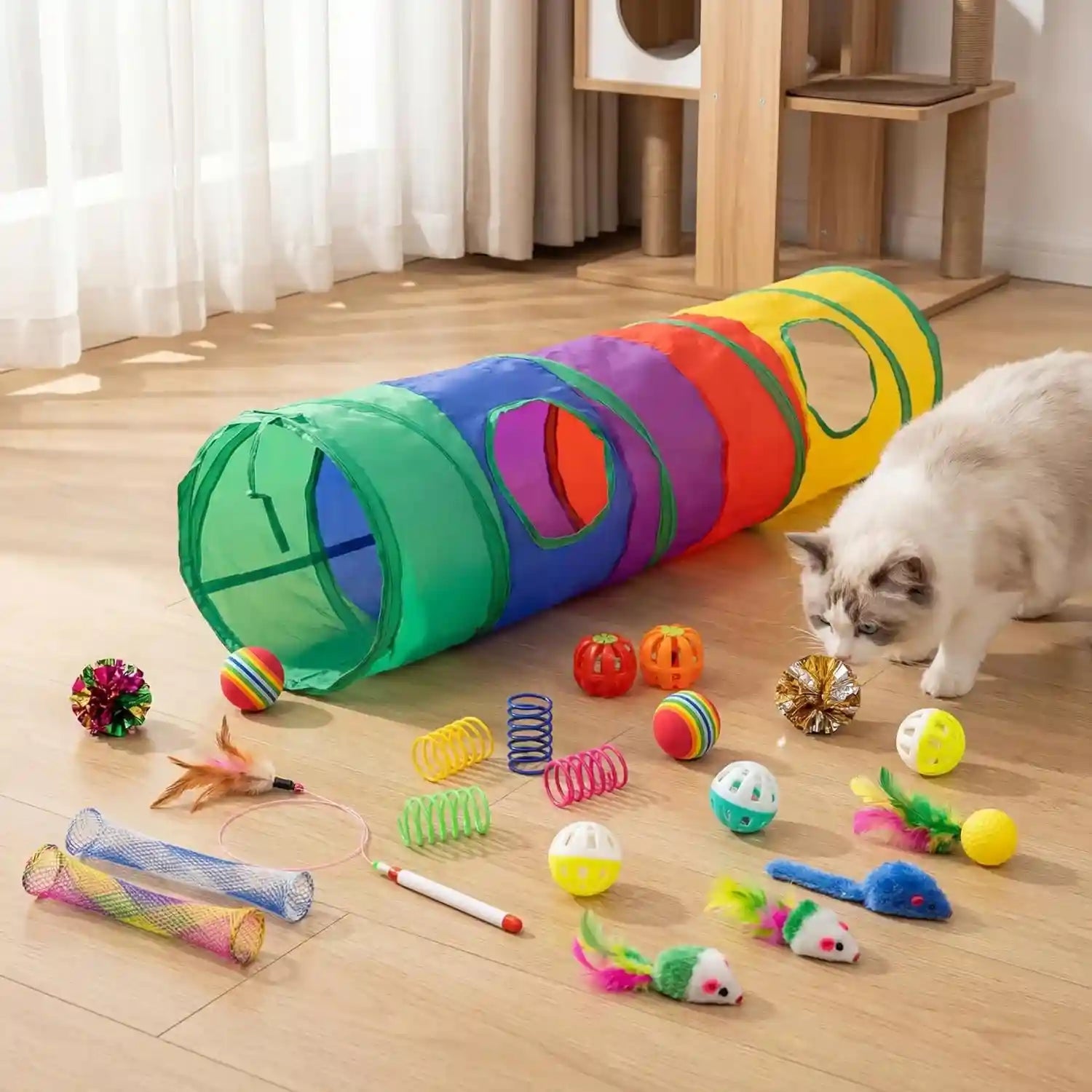 icagy-25-pcs-cat-toys-for-cats-indoor-kittens-interactive-variety-pack-45-inches-rainbow-cat-tunnel-feather-teaser-feather-golf-mice-springs-balls-noise-toys-rainbow-colorful-45