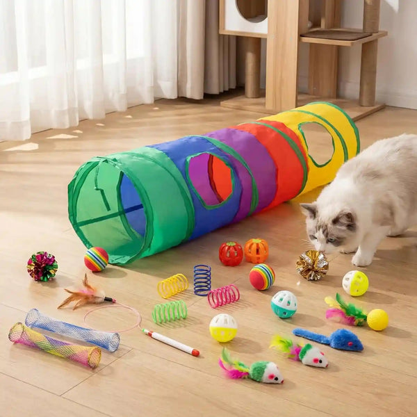 Icagy 25 Pcs Cat Toys for Cats, Indoor Kittens - Interactive Variety Pack, 45 Inches Rainbow Cat Tunnel, Feather Teaser, Feather Golf, Mice, Springs, Balls, Noise Toys - Rainbow/Colorful 45"1