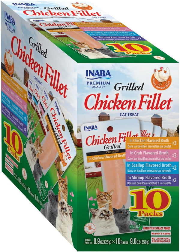 INABA Grilled Fillet Cat Treats, Chicken Fillet Variety Box, 10Ct | Hand-Cut Grilled Chicken, Broth-Packed, Vacuum Packed, 78% Moisture, Immune Support, Grain-Free, 10 X 0.9 Oz Fillets1