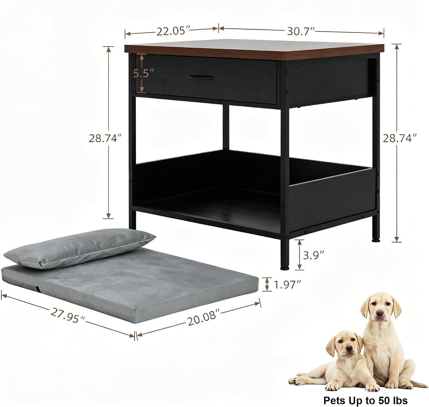 dog-bed-end-table-with-storage-drawer-and-washable-cushion-black-walnut-open-elevated-dog-bed-furniture-for-small-medium-dogs-up-to-50-lbs-metal-frame-drawer-for-living-room-bedroom-bedside