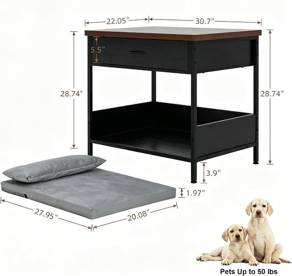 Dog Bed End Table with Storage Drawer and Washable Cushion, Black & Walnut | Open Elevated Dog Bed Furniture for Small Medium Dogs up to 50 Lbs, Metal Frame, Drawer, for Living Room, Bedroom Bedside6