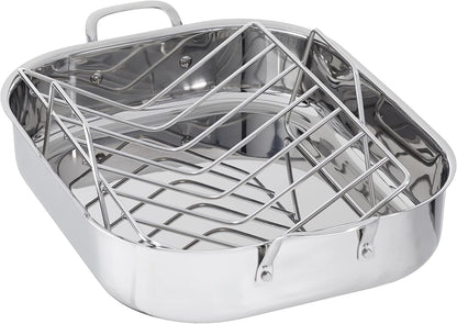 Stainless Steel Rectangular Roasting Pan with Rack, Turkey Roaster, Dishwasher Safe, Easy to Clean, Oven Safe, 16 In1