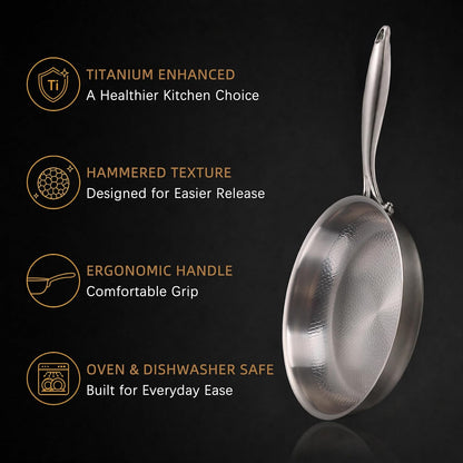 10-Inch Titanium Alloy Hammered Frying Pan with Lid, Chef-Grade No-Coating Tri-Ply Skillet, Compatible with Induction, Gas, Electric & Ceramic Cooktops, Oven & Dishwasher Safe (10In)8