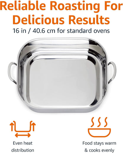 Stainless Steel Rectangular Roasting Pan with Rack, Turkey Roaster, Dishwasher Safe, Easy to Clean, Oven Safe, 16 In3