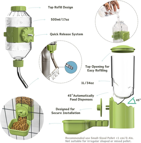Automatic Pet Food Water Dispenser, Auto Gravity Pet Feeder Water Bottle Set for Cage, Feeding Station for Puppy Kitten Rabbit Guinea Pigs Chinchilla Ferret Hedgehog (Green)2