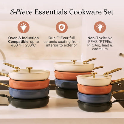 Our Place Essentials Complete Cookware Set, 8-Piece Ceramic Fry Pan Set | Ceramic Pan Trio & Modular Storage Rack Included, Thermakind Nonstick, All-Cooktop Compatible, Oven Safe up to 450°F2