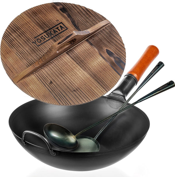 Carbon Steel Wok Pan 13,5“ + Blue Carbon Steel 17-Inch Wok Spatula, Ladle, 3 Pairs of Chopsticks - Set of 2 Heat-Resistant Wok Tools + Premium Wok Cover 13,5 Inch Pan Lid1