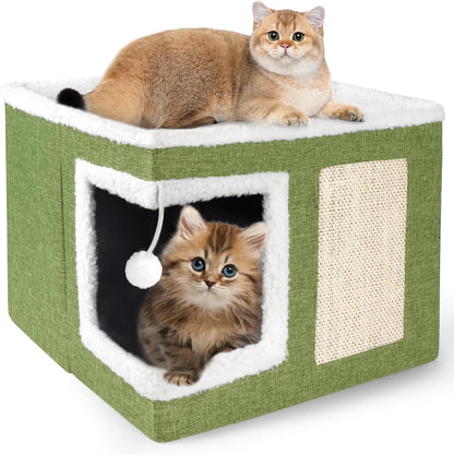 Loyareal Cat Houses for Indoor Cats - Large Cat Bed Cave with Scratch Pad and Fluffy Ball, Foldable Cat Condo Hideaway with Reversible Cushion for Multi Small Pet, Dark Grey10