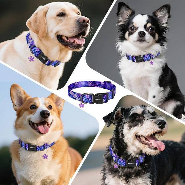 Kazazoo Dog Collar Cute and Soft Nylon Puppy Collar Girl Dogs, Adjustable Purple Dog Collars for Medium Dogs, Purple Flowers-M6