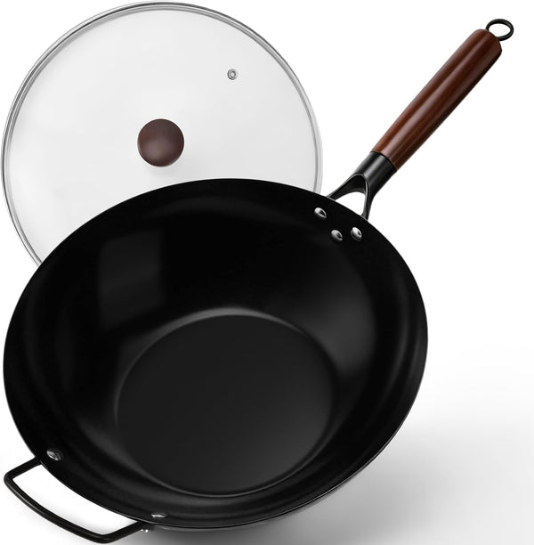 13-Inch Carbon Steel Wok Pan with Glass Lid Pre-Seasoned Flat Bottom Woks & Stir-Fry Pans Nonstick with Wooden and Steel Helper Handle Compatible with Induction, Gas, Electric, Open Fire1