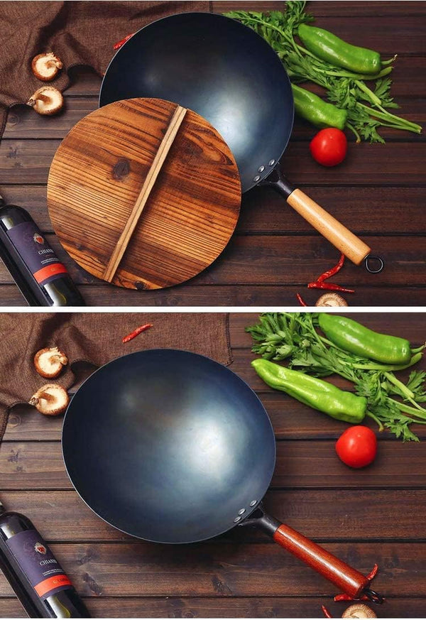 Chinese 100% Hand Hammered Iron Woks Stir Fry Pans, Non-Stick, No Coating, Less Oil, Black Seasoned Wooden Handle (Cook-36Cm)2