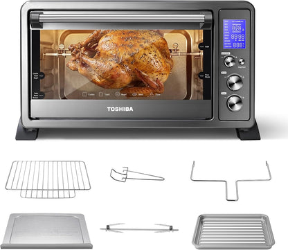 10-In-1 Convection Toaster Oven, 6-Slice Countertop Oven, 1500W | Bake, Broil, Rotisserie & Pizza Functions, LCD Knob Controls, 6 Accessories, with Toast, 1500W, Black Stainless Steel1