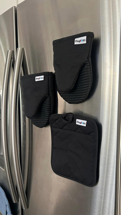 Magnetic Oven Mitts & Pot Holder 3 Pc Set, High Heat Silicone Black | Heat Resistant to 500F, 2 Mini Mitts & 1 Hot Pad, Magnetic Storage, Non-Slip Grip, 100% Machine Washable, Premium Cotton2