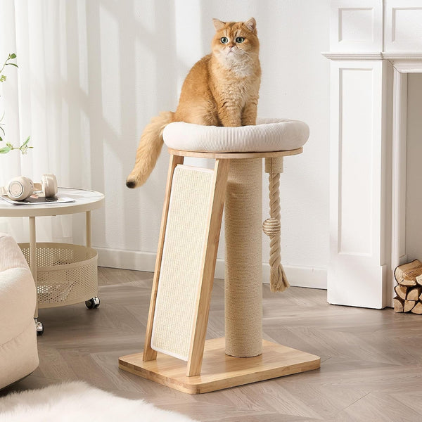 Modern Cat Tree Small Tower with Scratching Post for Indoor, 28 Inch Solid Wood Multifunctional Corner Cat Tree Tower with Bed, Dangling Ball,Interactive Rope, Scratching Board2
