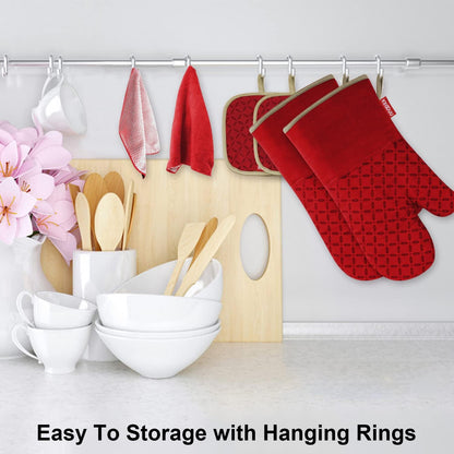Oven Mitts and Pot Holders 6Pcs Set, Kitchen Oven Glove High Heat Resistant 500 Degree Extra Long Oven Mitts and Potholder with Non-Slip Silicone Surface for Cooking (Red)4