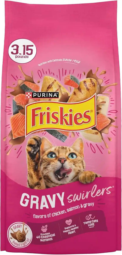 Purina Friskies Gravy Swirlers with Flavors of Chicken, Salmon and Gravy Dry Cat Food - 3.15 Lb. Bag1