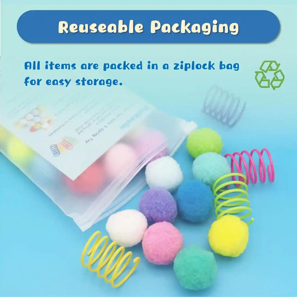 30 Pcs Premium Silent Cat Pom Pom Balls, Interactive Lightweight Assorted Colors Fuzzy Toy Balls (1.2 Inches), with 4 Pcs Cat Spring Toy for Indoor Kitten Playing Exercising6