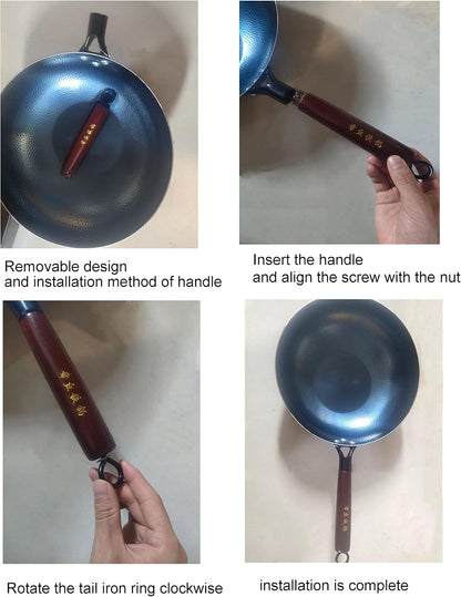 Chinese Handhammered Iron Woks and Stir Fry Pans, Flat Bottom Wok，No Coating Non-Stick, Suitable for All Kinds of Stoves (Diameter 32Cm/12.59In)8