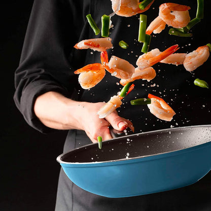 Eela 12'' Non Stick Chef'S Wok with Glass Lid, Stir Fry Pan and Pofa-Free Ceramic Coating for Cooking Saute Vegetables, Meat, Fish, 12 Inch, Deep Blue (Handle Assemble Required)6