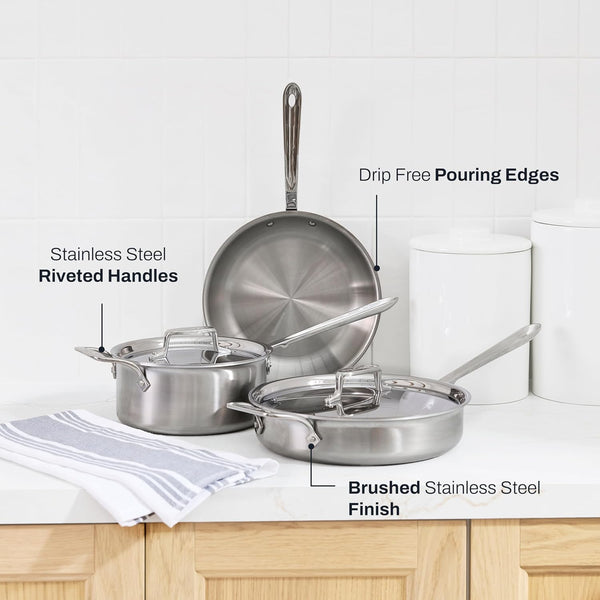 All-Clad D5 5-Ply Stainless Steel Cookware Set 5 Piece Induction Oven Broiler Safe 600F Pots and Pans Silver | the Upgrade for Supremely Even Heat, Professional, Brushed Stainless Steel, Induction Compatible, Oven Safe up to 600F5