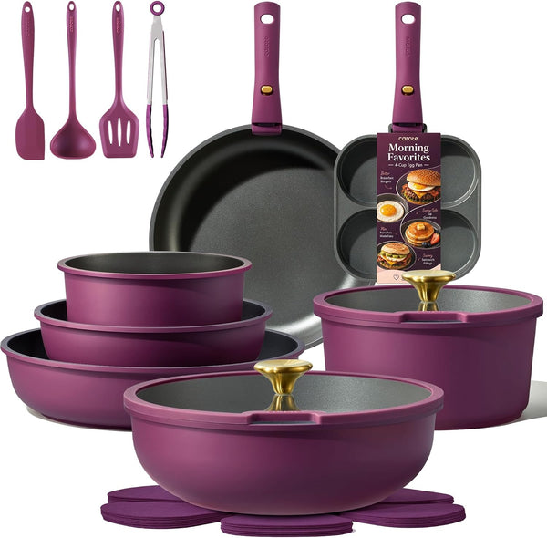 21Pcs Pots and Pans Set Non Stick, Detachable Handle Cookware Sets | Ultra Nonstick, Space Saving, Dishwasher & Oven Safe, Non-Toxic Kitchen/Apartment/Camping/Rv/ Traveling, Purple1