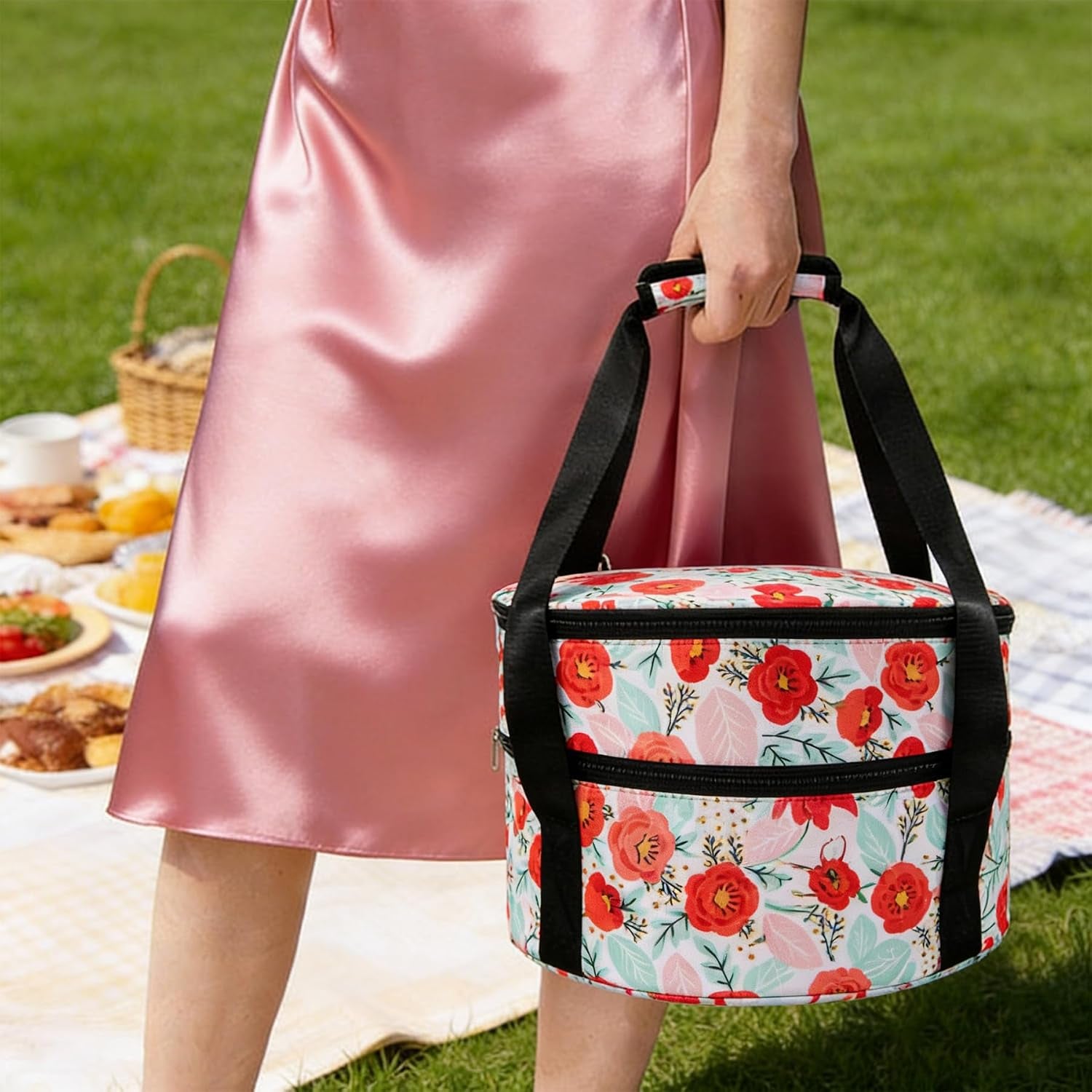 round-insulated-double-casserole-carrier-for-hot-or-cold-food-with-handle-pie-carrier-bag-insulated-lunch-bag-for-travel-picnic-cookouts-fits-pioneer-woman-kitchen-stuff-and-12-5-pie-pan