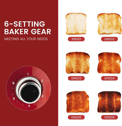 2 Slice Toaster Retro Stainless Steel with Bagel, Cancel, and Defrost Functions, 6 Bread Shade Settings, Extra Wide Slots and Removable Crumb Tray, Red4