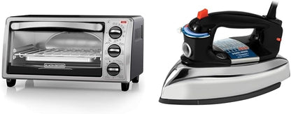 BLACK+DECKER 4-Slice Toaster Oven, TO1313SBD, Even Toast, 4 Cooking Functions Bake, Broil, Toast & the Classic Iron, F67E-T, Aluminum Soleplate, Steam or Dry Ironing1