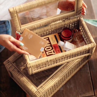 Large Handwoven Boho Rattan Display Boxes with Glass Lids Set of 2 | Rectangular Decorative Storage Bins Natural Woven Cane Home Decor Organizers (15.55" X 9.64" X 5.9" & 12.48" X 6.88" X 4.52")2