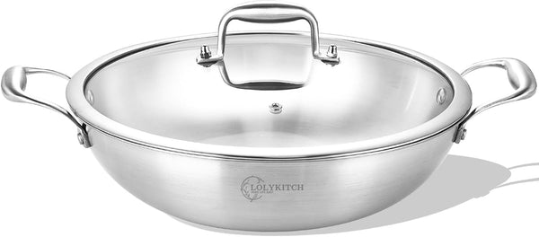 12-Inch Stainless Steel Wok with Lid | 5-Quart | Dual Handles | Uncoated Tri-Ply Stir Fry Pan | Everyday Cooking Wok for Induction | Flat Bottom | PFOA-FREE | 3-4 Servings ﻿1