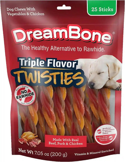 Dreambone Triple Flavor Twisties Dog Treats, Daily Rawhide-Free Chew, Digests Safely, with Real Protein, Beef, Pork, Chicken and Veggies, 25 Count1
