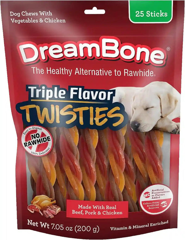 Dreambone Triple Flavor Twisties Dog Treats, Daily Rawhide-Free Chew, Digests Safely, with Real Protein, Beef, Pork, Chicken and Veggies, 25 Count1