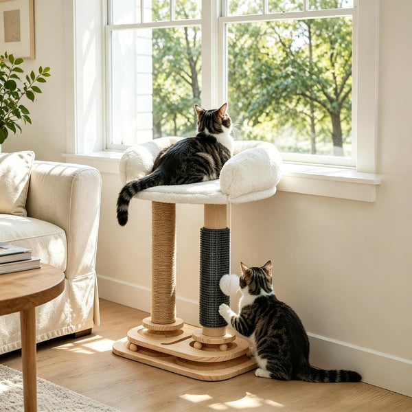 Cat Scratching Post with Bed, 4-In-1 Small Cat Tree Tower | Sisal Scratcher, Elevated Washable Bed, Track Ball Toy, Built-In Self-Groomer9