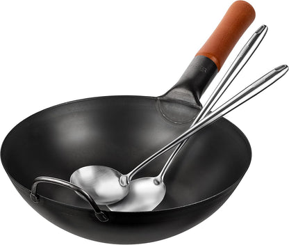 Carbon Steel Wok Pan – 11,8 “ Woks and Stir Fry Pans + 17’’ Wok Spatula and Ladle - Set of 2 Heat-Resistant Wok Tools1