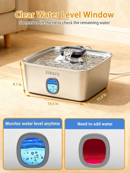 SIBAYS 4Gal/15L Large Dog Water Fountain, Stainless Steel Pet Fountain with Water Window & LED Light, Ultra Quiet Automatic Dog Water Bowl Dispenser for Large Dogs & Multi-Pet, Easy to Clean FS766