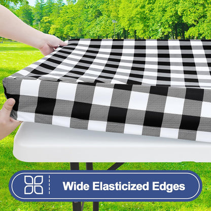 6FT Picnic Table Cover with Bench Covers, Elastic Fitted Tablecloth | Waterproof Washable Rectangle Tablecloths ,Buffalo Plaid Tablecloth for Dining, Camping, Outdoor (Black & White, 30" X 72")3
