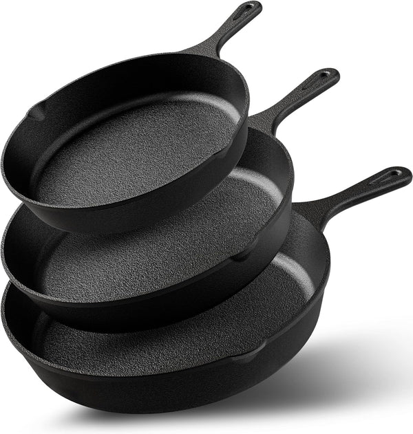 Cast Iron Skillet Set 3 Piece 6 8 10 Inch Pfas-Free Black | Chef Pan, Even Heat Distribution, Stovetop, Campfire and Grill Safe, Large Skillet Set, Indoor Outdoor Use1