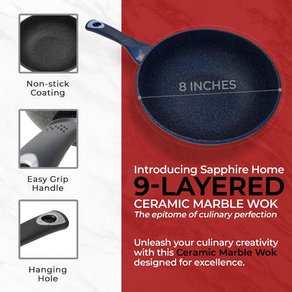 HOME N KITCHENWARE Nonstick Ceramic Wok, Frying Pan - Premium 9-Layered Cookware, Korean Marble-Coated - Easy to Clean Cast Aluminum - Induction Ready for Saute, Stir-Fry, Eggs, Fried Rice 12.5-Inch2