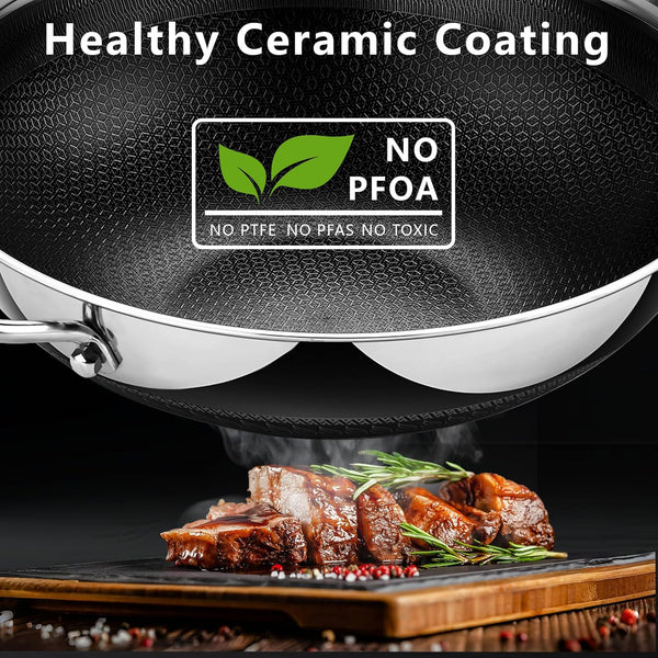 Hybrid 12Inch Wok with Lid, Stainless Steel Woks & Stir-Fry Pans Nonstick, Non Toxic, PFAS PFOA PTFE Free, Dishwasher and Oven Safe, Works on Induction2
