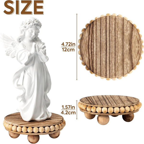 round Wood Risers for Display：2P Beaded Riser Distressed Decor | Stable Wood Coaster-Rustic Farmhouse Pedestal Display Riser for Cake/Plant Stand/ Tiered-Ball Decoration-Raised High Holder2