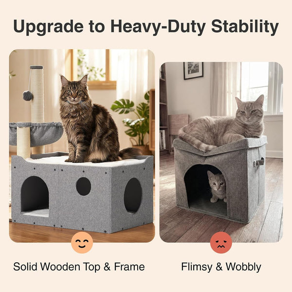 Veehoo Extra Large Cat House Bed for Indoor Cats, 29X16X31.9 Sturdy Condo | Cat Hideaway with Scratching Post, Foldable Cube with Hammock, Cave with 2 Plush Interactive Balls for Multiple Cats, Gray3