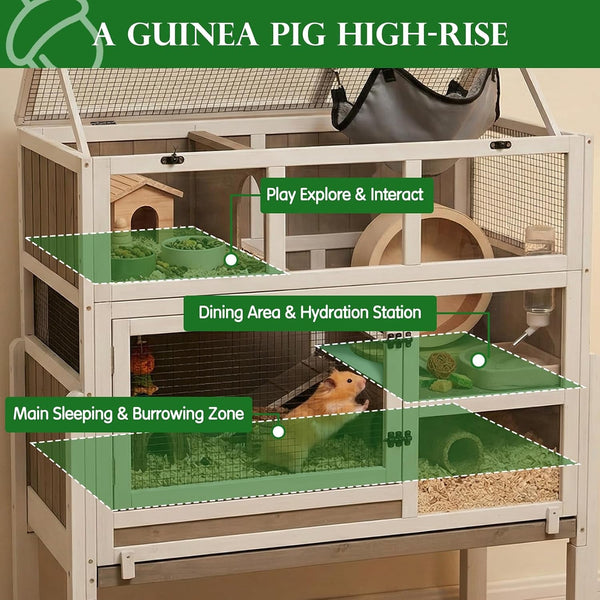 Large Guinea Pig Cages, 3-Story Indoor Guinea Pig Habitats with Stand, Hedgehog Cage Rabbit Hutch with Pull-Out Tray, Flip-Open Roof, Cozy Hammock4